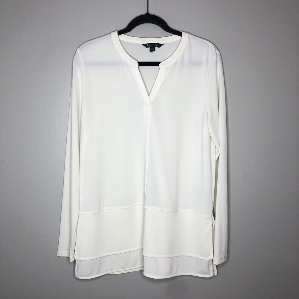 Lauren Ralph Lauren Women's Large White V Neck Long Sleeve Pullover Blouse Tunic